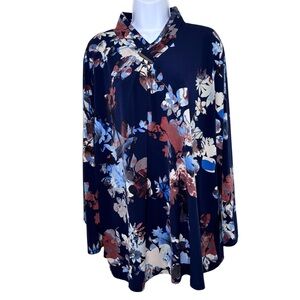 Susan‎ Graver Floral Bar Neck Tunic Top 3X Navy Artsy Chic